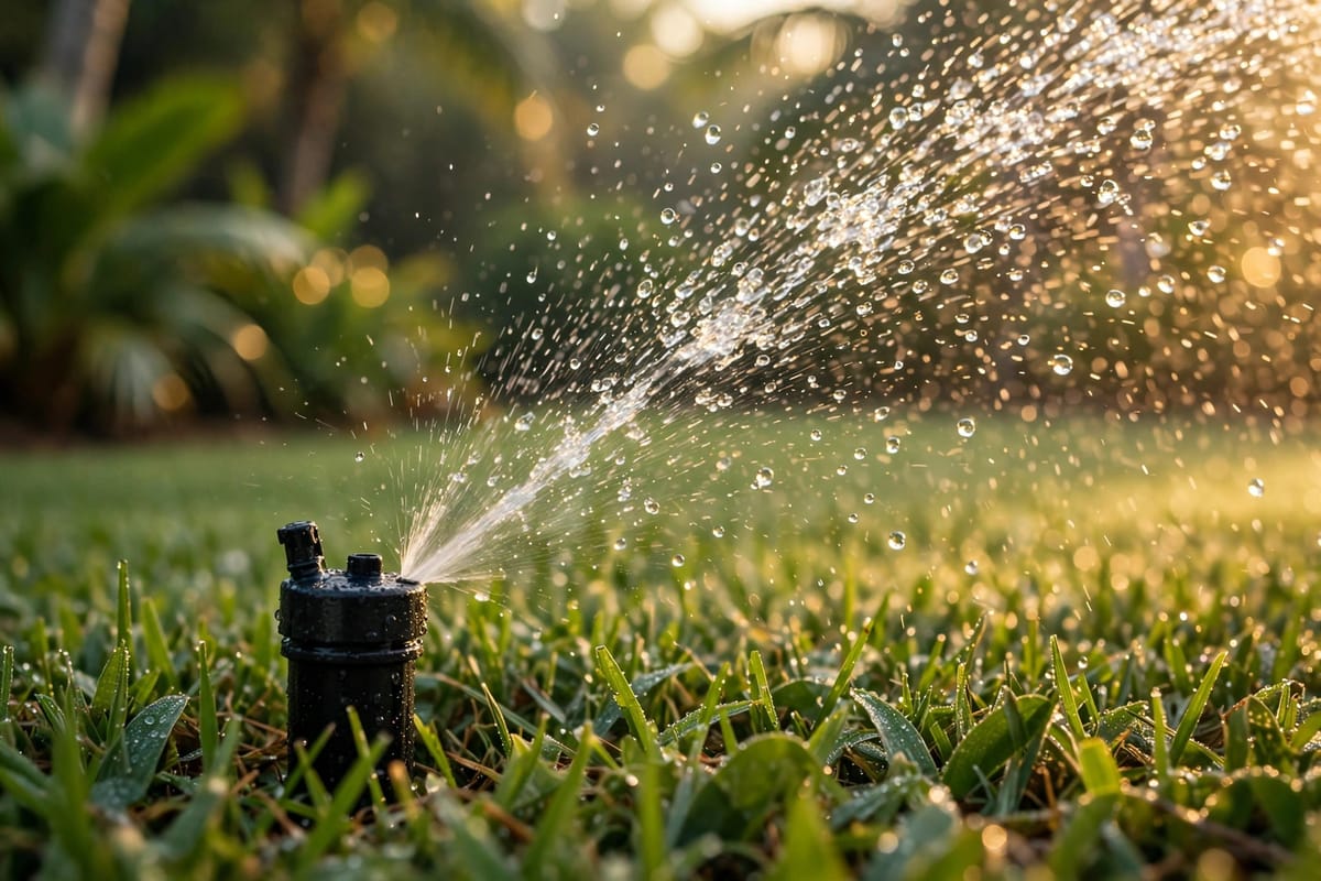 Pop-up sprinkler head spraying water over green grass in morning light