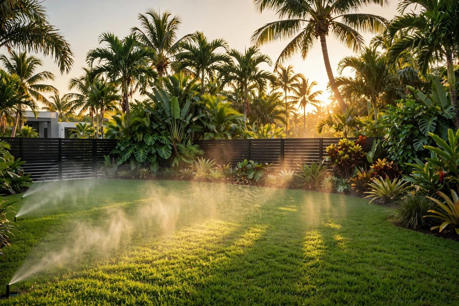 Lush South Florida backyard with palm trees and irrigation mist over the lawn at golden hour